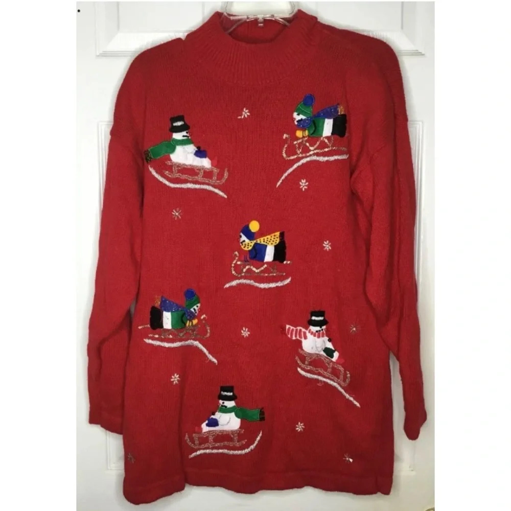 Woman OHI red Christmas Snowman Beaded Embroidered L/s Sweater Sz Large Mockneck